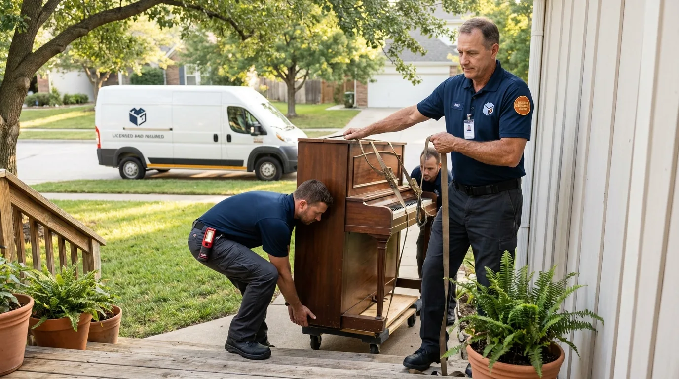 Licensed piano movers securing grand piano in Lewisburg, WV