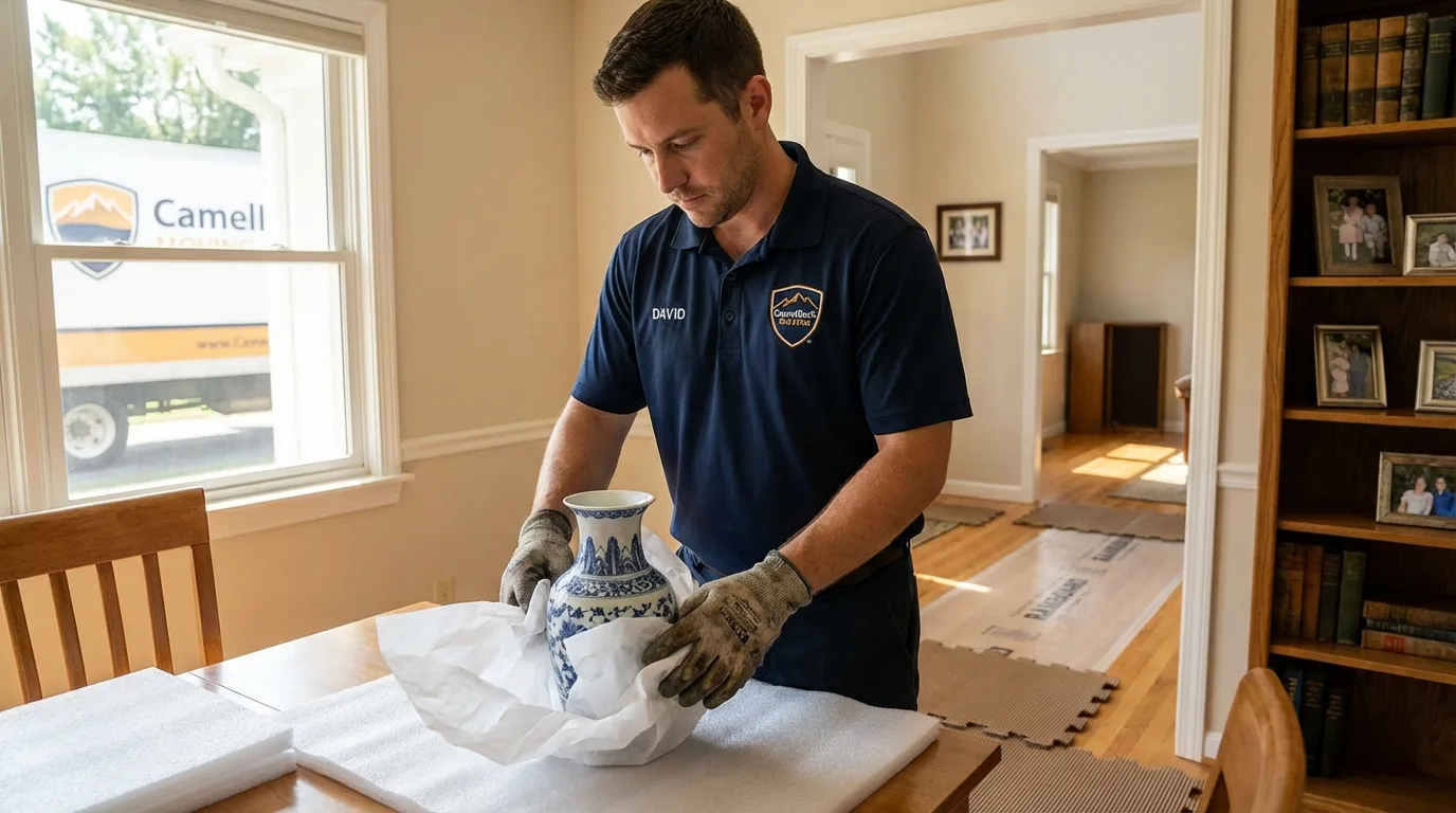 Professional crew carefully wrapping antique vase for senior downsizing move in Lewisburg, WV